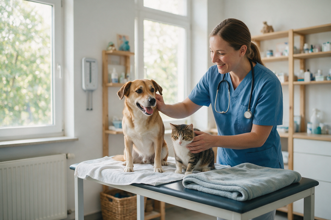 Veterinarka na preventivnem pregledu psa in mačke