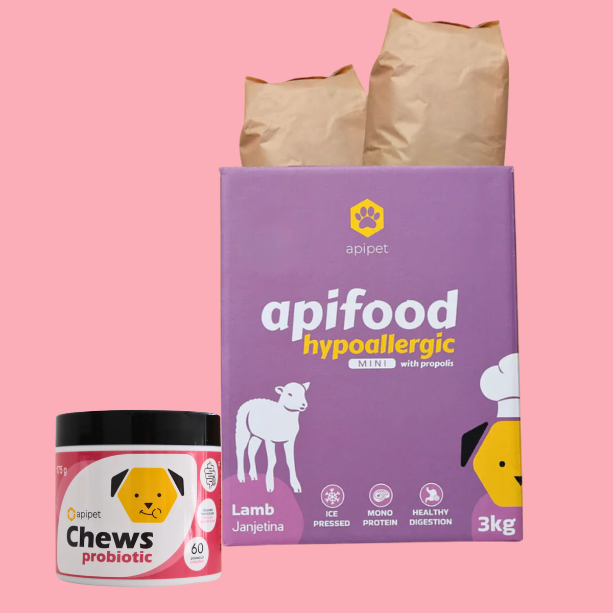 Apifood Hypoallergic Jagnjetina 3kg MINI + Apipet Chews Probiotic